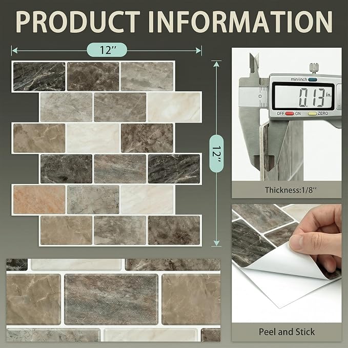 Arttown Peel and Stick 3D Wall Backsplash, 10-Sheet, 12" × 12" Brown Tan | Subway Tiles Self Adhesive Thicker Design Wall Tile Panel Wallpaper for Kitchen Balcony Bathroom Rental Housing