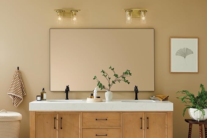 Kichler Crosby 15.25" 2-Light Vanity Light with Clear Glass in Natural Brass, for Bathroom, Powder Room, (15.25" x 8.75"), 45496NBRCLR