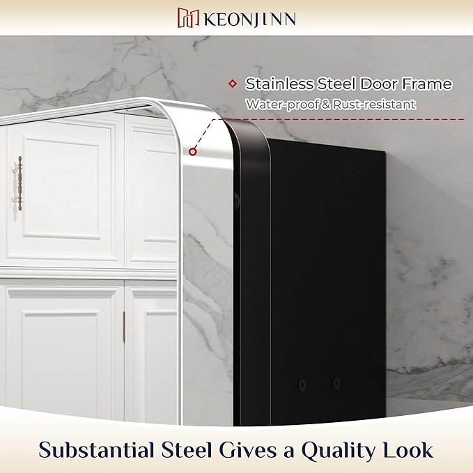 Keonjinn Chrome Medicine Cabinet Mirror 16 x 24 Inch, Recessed Medicine Cabinet for Bathroom, Elegant Stainless Steel Framed, Stepless Adjustable Shelves, in Wall or Surface Mount, Soft Closing