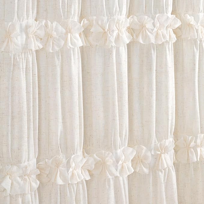 Boho Ruffle Farmhouse Fall Linen Shower Curtain Vintage Cream 72" W x 72" H | Fall Linen Blend Fabric, Ruffle Bow and Ruffled Hem，Linen Texture，Machine Washable，12 Metal Holes and Plastic Hooks