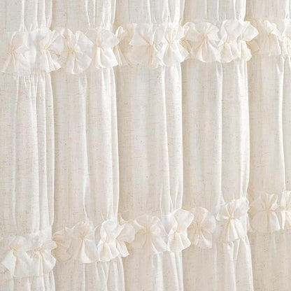 Boho Ruffle Farmhouse Fall Linen Shower Curtain Vintage Cream 72" W x 72" H | Fall Linen Blend Fabric, Ruffle Bow and Ruffled Hem，Linen Texture，Machine Washable，12 Metal Holes and Plastic Hooks