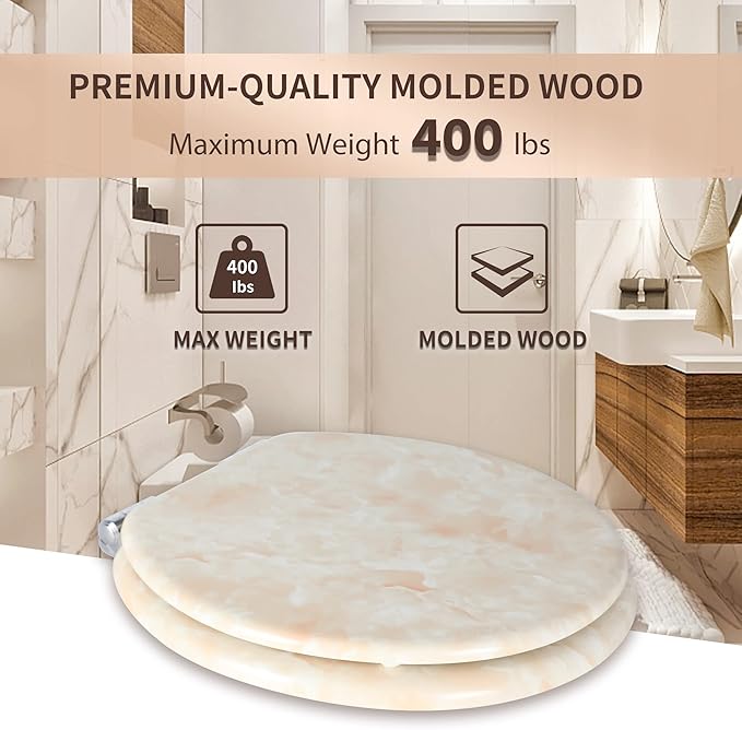 Angel Shield Marble Toilet Seat Durable Molded Wood with Quiet Close, Easy Clean, Quick-Release Hinges (Round, Beige Marble)