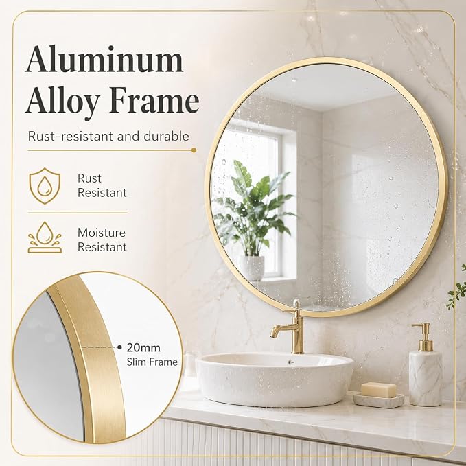 Garvee 32 Inch Round Wall Mirror Gold Metal Frame Crystal Clear Glass Decor