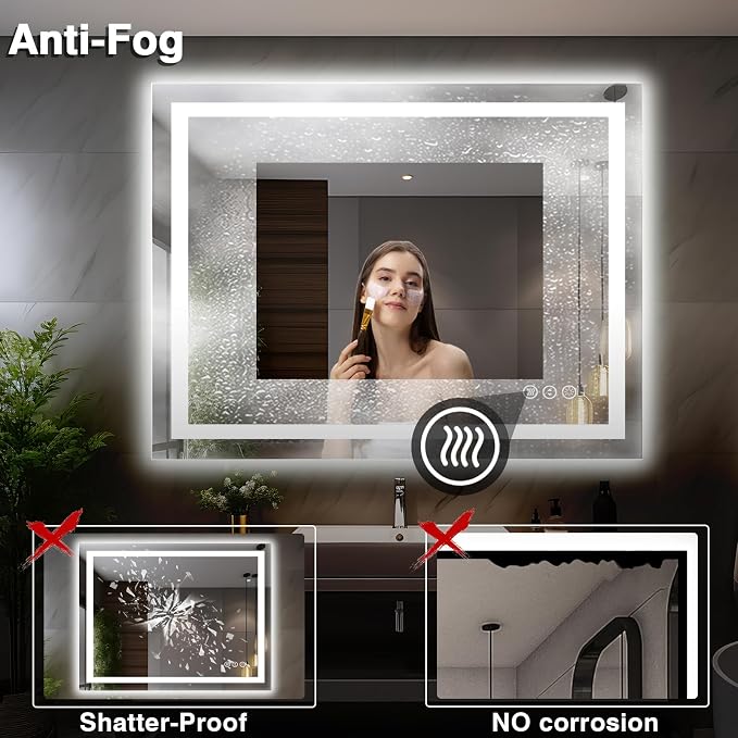 EchosLife 44"x36" LED Light Mirror for Bathroom | Backlit + Front Lit, Anti-Fog, Stepless Dimmable, 3 Colors, Memory, Tempered Glass, UL Listed, Horizontal/Vertical