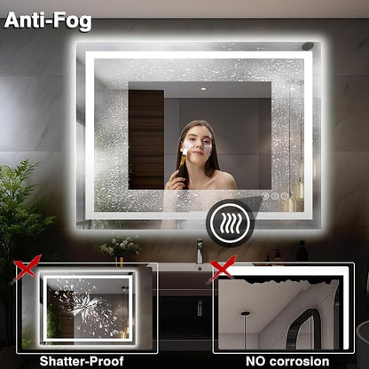 EchosLife 44"x36" LED Light Mirror for Bathroom | Backlit + Front Lit, Anti-Fog, Stepless Dimmable, 3 Colors, Memory, Tempered Glass, UL Listed, Horizontal/Vertical