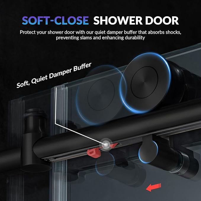 Woodbridge Frameless Sliding Shower Doors with Soft Close System, 57.5-60" Width x 76" Height with 3/8"(10mm) Clear Tempered Glass in Matte Black Finish, BSDC6076-BL