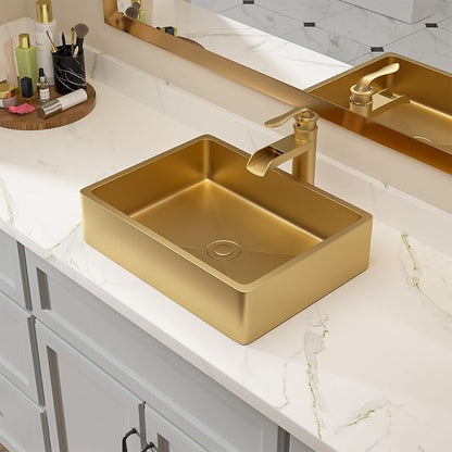 Lordear Stainless Steel Vessel Sink 16"x12" Gold Bathroom Vanity Sink | Gold Bathroom Vanity Sink Rectangular Above Couter Art Basin 4'' deep