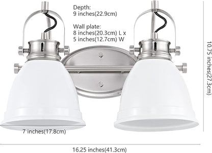 JONATHAN Y 16.25" White/Nickel 2-Light LED Vanity Light, Adjustable Wall Sconce for Bathroom Mirror, Farmhouse Bohemian Kitchen Light, Iron Black Bell Shade (JYL1115B)