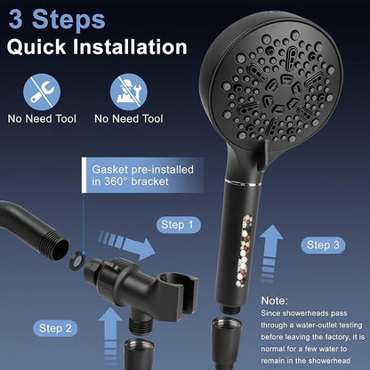 High Pressure Filtered Shower Head with 3-PCS Filters,7-Spray Modes | Filtered Shower Head with Handheld for Hard Water,5" High Pressure Shower Head, Built-in Power Jets Shower Heads, Black