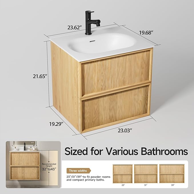 24" Japandi Floating Bathroom Vanity with Sink, Pre-Assembled Japandi Bathroom Sink Vanity, Wall Mounted with Integrated Stone Top and 2 Soft Close Drawers