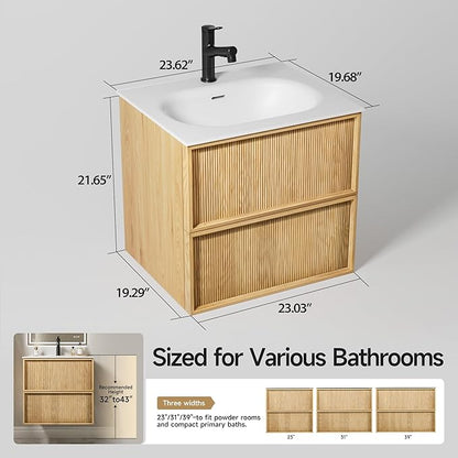 24" Japandi Floating Bathroom Vanity with Sink, Pre-Assembled Japandi Bathroom Sink Vanity, Wall Mounted with Integrated Stone Top and 2 Soft Close Drawers