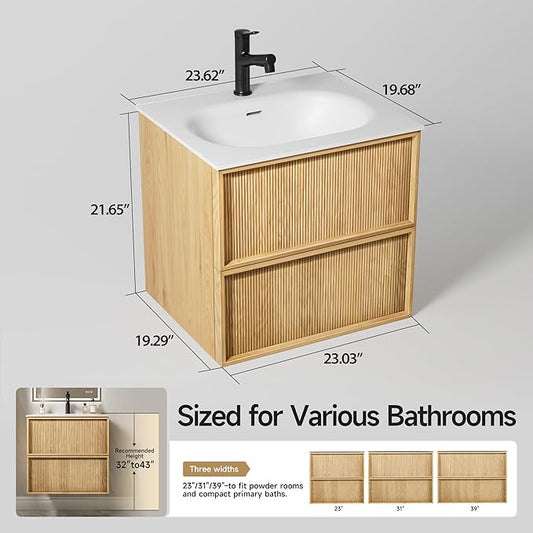 24" Japandi Floating Bathroom Vanity with Sink, Pre-Assembled Japandi Bathroom Sink Vanity, Wall Mounted with Integrated Stone Top and 2 Soft Close Drawers