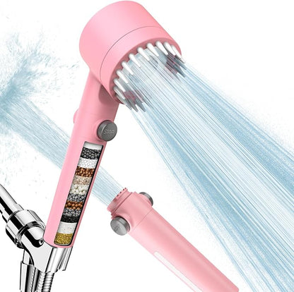 Filtered Shower Head with Handheld, High Pressure Water Flow and Multiple Spray Modes Shower Head with Filter, Power Wash for Hard Water, Showerhead with ON/OFF Switch for Pets Bath (Pink) | ON/OFF Switch,4 Spray,Built-in Power Wash,Detachable Showerhe...