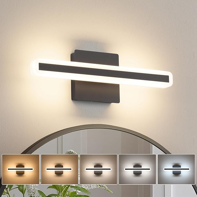 JUSHENG Black Vanity Lights for Bathroom, 5CCT Dimmable Bathroom Light Fixtures Over Mirror, Modern LED Vanity Light Bar Above Mirror 16'' Inch 16W
