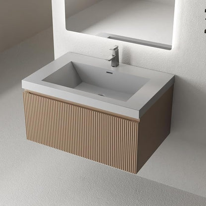 30 Inch Floating Bathroom Vanity with Sink, Wall-Mounted Striped Storage Cabinet with Soft-Close Drawer, Glossy White Solid Surface Basin, Fully Assembled, Natural Oak Finish