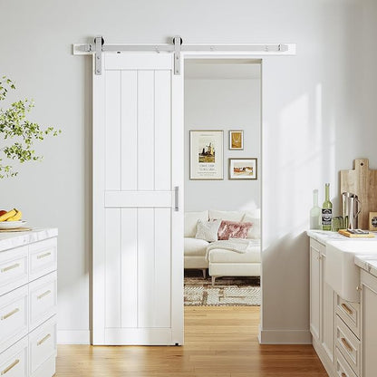 SMARTSTANDARD 24" x 84" White Sliding Barn Door with 5FT Silver Hardware | Pre-Drilled Ready to Assemble, Waterproof PVC Coating, H-Frame