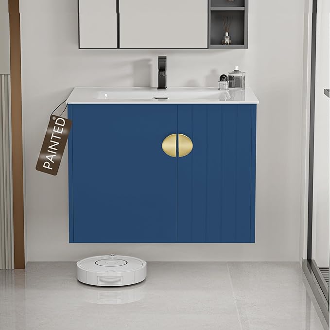24" Bathroom Vanities Cabinet with Sink Combo, Wall Mounted Floating Storage Cabinet Modern with Ceramic Sink,Soft-Close System, 2 Doors & Metal Handles, Blue