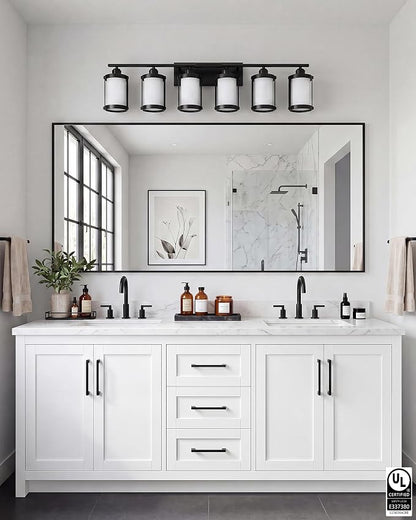 6-Light Matte Black Bathroom Light Fixtures Over Mirror with Frosted Milk Glass and Metal Cage Shade, 42" UL-Listed Modern Farmhouse Wall Sconce for Bath, Hardwire E26, OS-3014BKW-6W