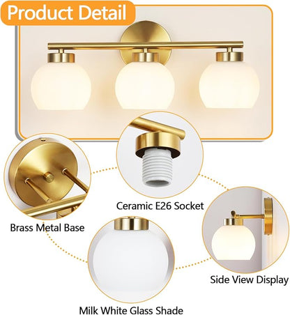 3 Light Bathroom Vanity Light, 20" Brushed Gold Bathroom Light Fixtures Over Mirror with Milky White Glass Globe Shade, Mid Century Modern Brass Wall Sconces, E26 Socket