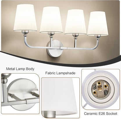 Bathroom Vanity Light, Brushed Nickel Bathroom Light Fixtures, 4-Light Lighting Fixtures Over Mirror, Modern Wall Sconce with Flared White Fabric Shade, E26 Socket(ETL Listed)