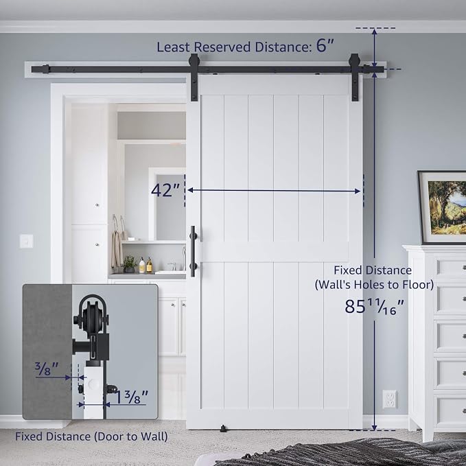 42in x 84in MDF Sliding Barn Door with 7ft Barn Door Hardware Kit & Handle | White Solid Barn Door Slab Covered with Water-Proof PVC Surface, Pre-Drilled Holes Easy Assembly, H-Frame