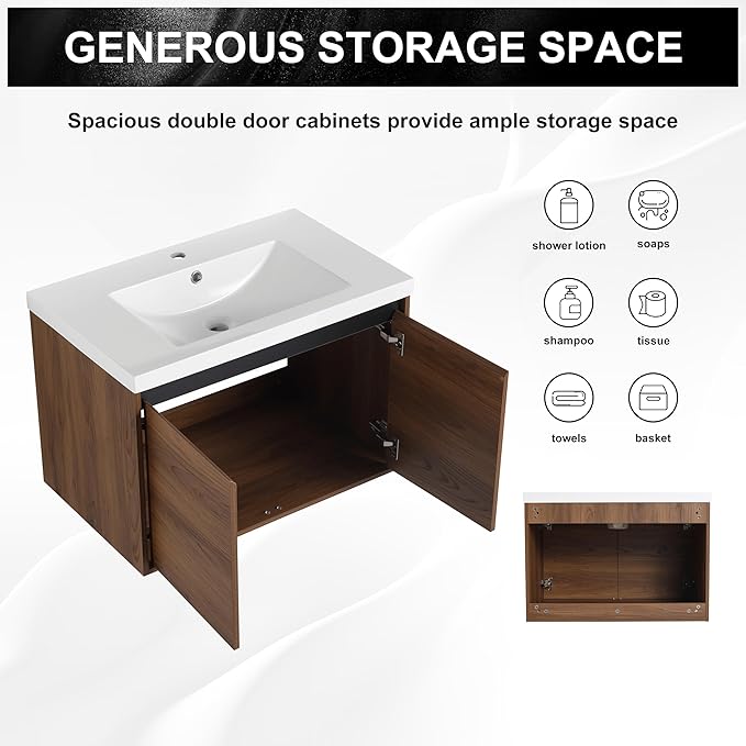 30 Inch Floating Vanity Bathroom,Bathroom Cabinet Vanity,Wooden Cabinet,Wall Mount Floating Vanity Set,Solid Wood Frame, Easy Clean,Brown