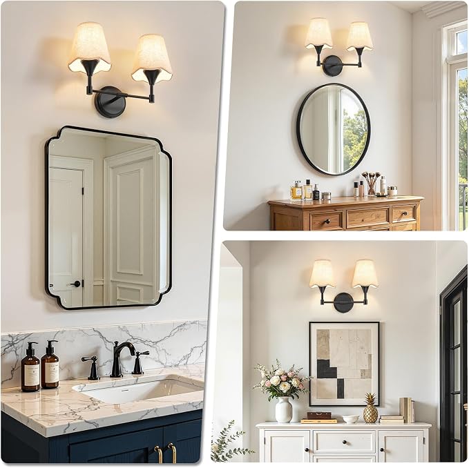 Black Bathroom Vanity Light Fixtures: Matte Black Vanity Lights Over Mirror with Flared Fabric Shade, Modern Bathroom Lighting Fixtures, 2 Light Wall Sconces Lighting for Bedroom Hallway Living Room