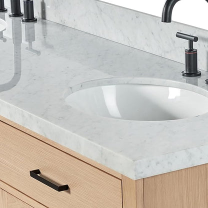ARIEL Hepburn 72-inch Bathroom Vanity with Sink,Solid Wood, 1.5-inch Italian Carrara Marble Countertop & Backsplash, Double Oval Porcelain Sink, 4 Soft Closing Doors, 6 Dovetail Drawers, White Oak