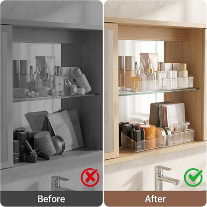Expandable Medicine Cabinet Organizer for Bathroom, 2 Pack | 8-13.5" Adjustable, 4-Compartment Makeup Tray, Clear View, Non-Slip, Raised Edges, Narrow, Fits Vanity/Countertop/Drawer