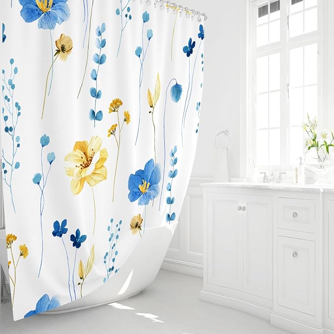 Blue Yellow Watercolor Floral Fabric Shower Curtain, 72x72 | Waterproof Fabric, Modern Minimalist Floral Print, Machine Washable, Rustproof Grommets, Fade Resistant, for Bath Home RV