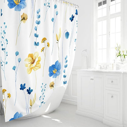 Blue Yellow Watercolor Floral Fabric Shower Curtain, 36x72 | Waterproof Fabric, Modern Minimalist Floral Print, Machine Washable, Rustproof Grommets, for Bath Home, Small Stall