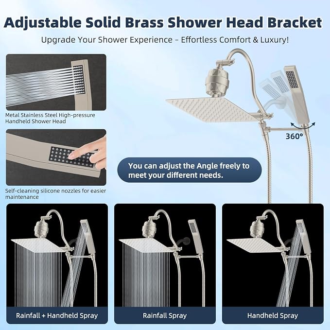 Hibbent All Metal 12'' Filtered Rainfall Shower Head Combo, High Pressure Handheld Shower Wand, 12'' Adjustable Extension Arm, 20 Stage Shower Filter, 71'' Hose, Shower Head Holders, Brushed Nickel