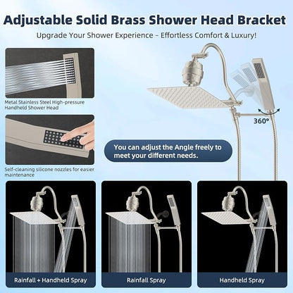 Hibbent All Metal 12'' Filtered Rainfall Shower Head Combo, High Pressure Handheld Shower Wand, 12'' Adjustable Extension Arm, 20 Stage Shower Filter, 71'' Hose, Shower Head Holders, Brushed Nickel