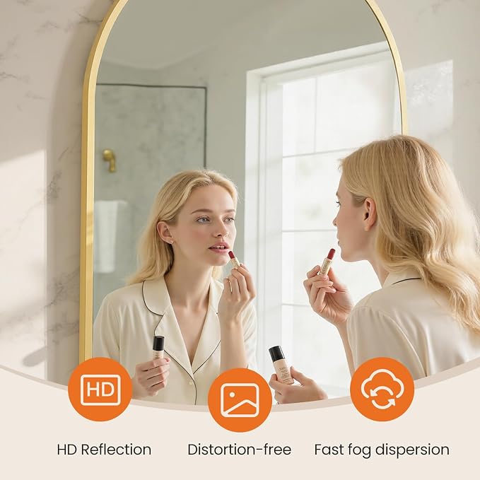 NEWBULIG 38"X30" Arched Bathroom Mirror for Over Sink, Wall Vanity Mirror | Tempered Glass, Anti-Rust Arched Metal Framed, Hanging or Leaning, Farmhouse Home Decor, Gold