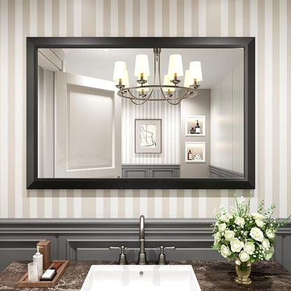 Black Bathroom Mirror, 48x32 Inch | Thick Metal Framed, HD Reflection, Anti-Rust, Hang Horizontally/Vertically, Suitable for Vanity, Bedroom, Bathroom, Entryway