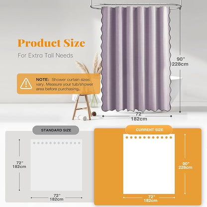 BTTN 72x90 Boho Scalloped Linen Textured Cloth Shower Curtain Set, Lavender | Long Size, 230GSM Waterproof Polyester, Heavy Duty Fabric, 12 Plastic Hooks, Elegant Modern Farmhouse Style, Machine Washable