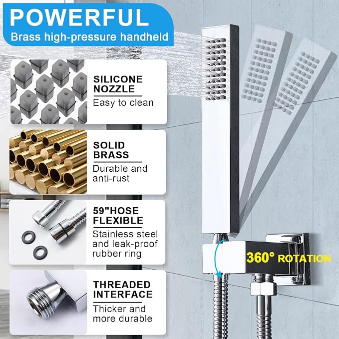 Rain Shower System,12 Inch Wall Mounted Rain Shower Head with Body Jets and Handheld Shower, Push Button Thermostatic Shower Faucet Set, Can Use all Options at a Time, Polished chrome