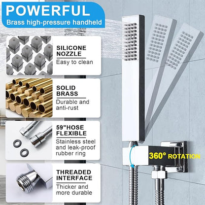 Rain Shower System,12 Inch Wall Mounted Rain Shower Head with Body Jets and Handheld Shower, Push Button Thermostatic Shower Faucet Set, Can Use all Options at a Time, Polished chrome