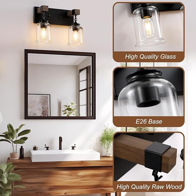 Farmhouse Bathroom Light Fixtures, 2 Light Black Vanity Light, Industrial Style with Clear Glass Shades, Rustic Wood Bathroom Lighting Fixtures Over Mirror for Bedroom, Living Room