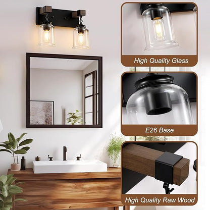 Farmhouse Bathroom Light Fixtures, 2 Light Black Vanity Light, Industrial Style with Clear Glass Shades, Rustic Wood Bathroom Lighting Fixtures Over Mirror for Bedroom, Living Room