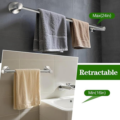 10pcs Brushed Nickel Bathroom Hardware Set, Including 2pcs 24in Retractable Hand Single Towel Bar with 2pcs Toilet Paper Holders, 2pcs Towel Rings 4pcs Multifunctional Robe Hooks