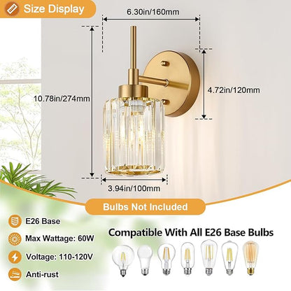Modern Crystal Bathroom Vanity Light, 2-Pack Brushed Gold Vanity Light with Clear Crystal Shades, Bathroom Light Fixtures Over Mirror (Bulbs Not Included)