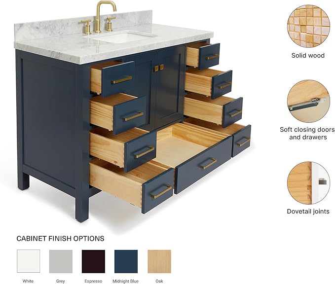 ARIEL Cambridge 48-inch Bathroom Vanity with Sink,Solid Wood, 1.5-inch Italian Carrara Marble Countertop, Single Rectangular Porcelain Sink, 2 Soft Closing Doors, 9 Dovetail Drawers, Midnight Blue