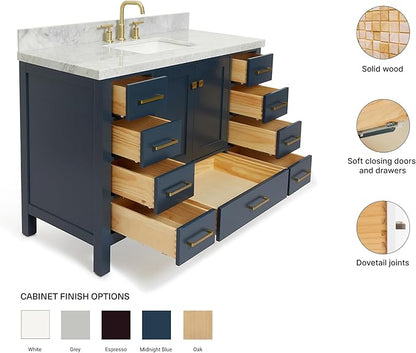 ARIEL Cambridge 48-inch Bathroom Vanity with Sink,Solid Wood, 1.5-inch Italian Carrara Marble Countertop, Single Rectangular Porcelain Sink, 2 Soft Closing Doors, 9 Dovetail Drawers, Midnight Blue