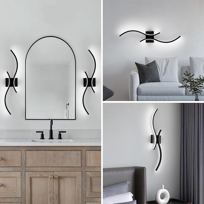 CANEOE Modern LED Wall Sconce Set of Two, 6000K Warm White Led Wall Light Fixture, 31.5inch Black Modern Sconces Wall Lighting for Bedroom, Living Room, Hallway, Staircase, Bathroom