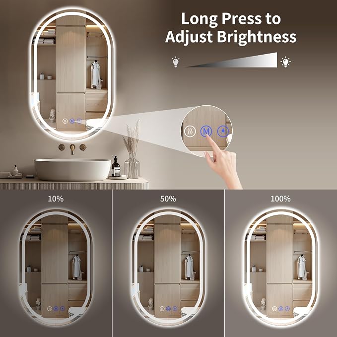 Oval LED Bathroom Mirror, 24"x 36" Frameless Lighted Mirror | LED Mirror with Front Light & Backlit, Anti-Fog, Dimmable Wall Mounted Lighted Mirror, Pill-Shaped Smart Bathroom Mirror