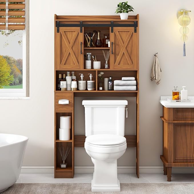 Vabches Over The Toilet Storage Cabinet with Sliding Doors, Caramel | Farmhouse Storage Cabinet Over Toilet, Home Space-Saving Toilet Rack, Toilet Paper Holder Stand,for Restroom,Bathroom,Laundry
