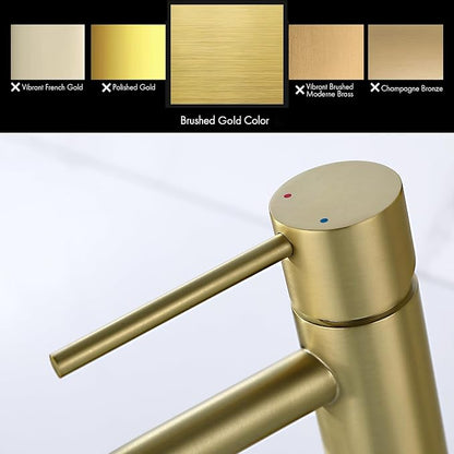 Brushed Gold Bathroom Faucet Single Hole, JXMMP Brass Single Handle Bathroom Sink Faucet with Pop Up Drain Assembly and 6 inch Deck Plate