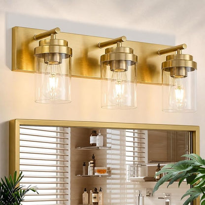 3-Light Bathroom Light Fixtures, Brushed Gold Vanity Lights | Modern Bathroom Lighting Fixtures Over Mirror, Vanity Lights for Bathroom, Mirror, Restroom, Bedroom, E26