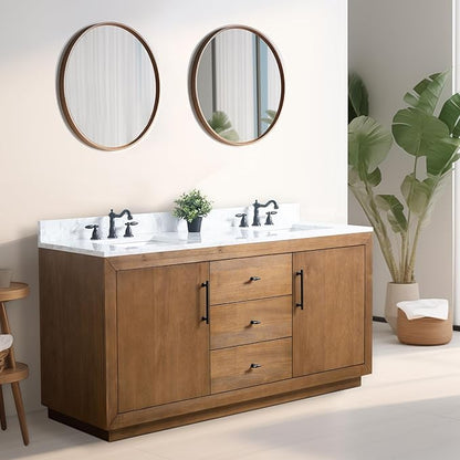 Vanity Art 72 inch Double Sink Bathroom Vanity, Solid Poplar Wood, Vanity Cabinet with Doors and Shelf, Modern Wood Bathroom Vanity with White Marble Top 3 Functioning Drawers, VA70-72-DT-E